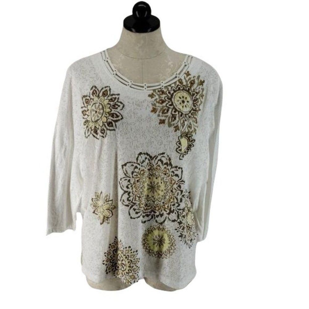Alfred Dunner White Floral‎ XL 3/4 sleeve Shirt Paisley Embellished